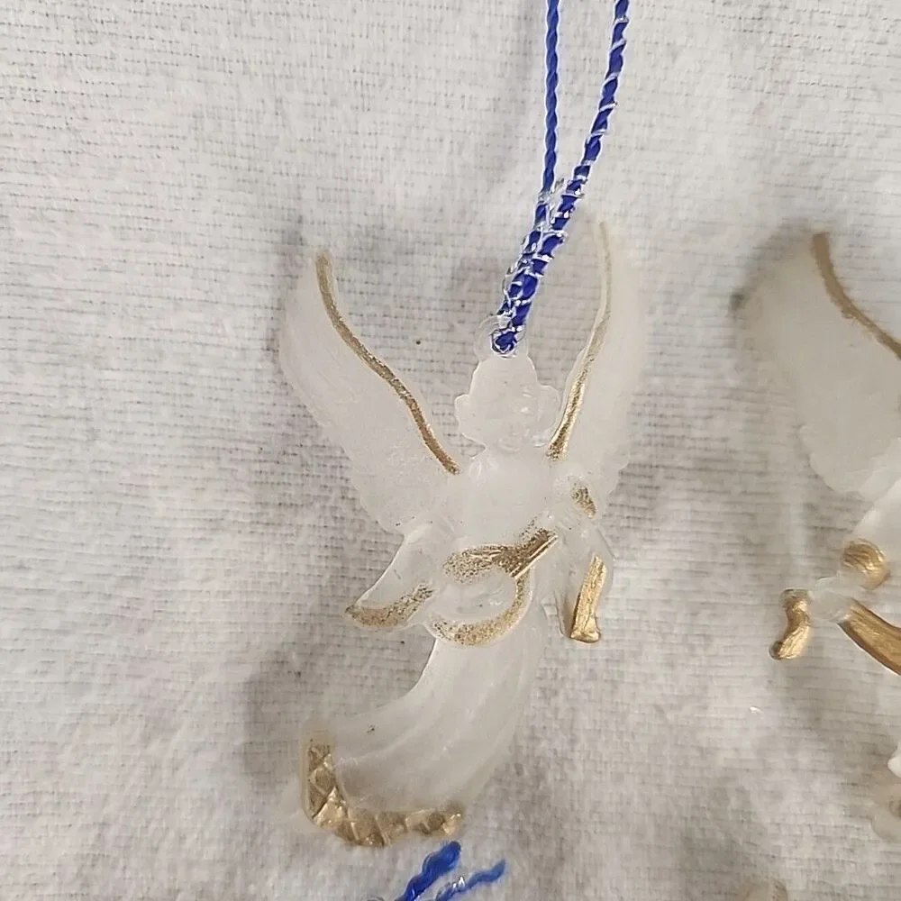 Vintage Christmas Ornaments Frosted Plastic Acrylic Gold Trim Angel's 4 Set